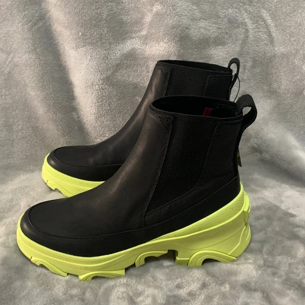 Sorel Brex Chelsea Boots Black Leather Size 7.5 Neon Green Platform Waterproof